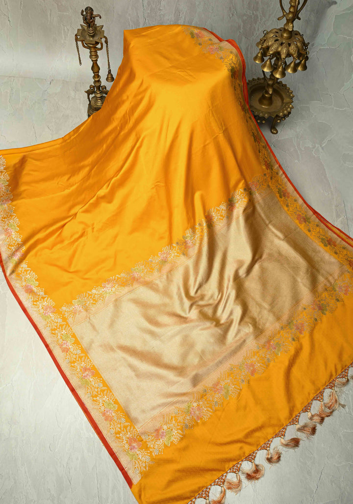 Yellow Banarasi Semi Mashru Silk Saree with hand Brushed Dye zari Border | SHOBITAM
