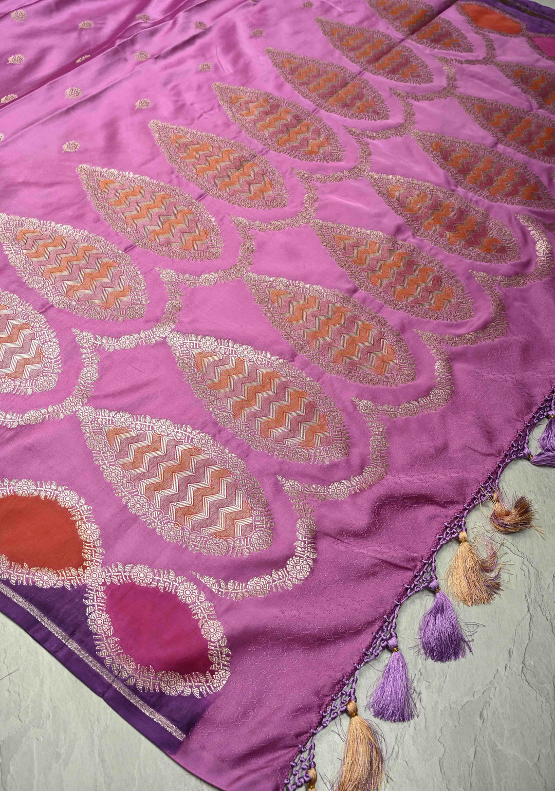 Mauve Rangkaat StyleBorder Banarasi Semi Mashru Silk Saree with Floral Zari Butta and Brush Dye Meenakari Scallop Border