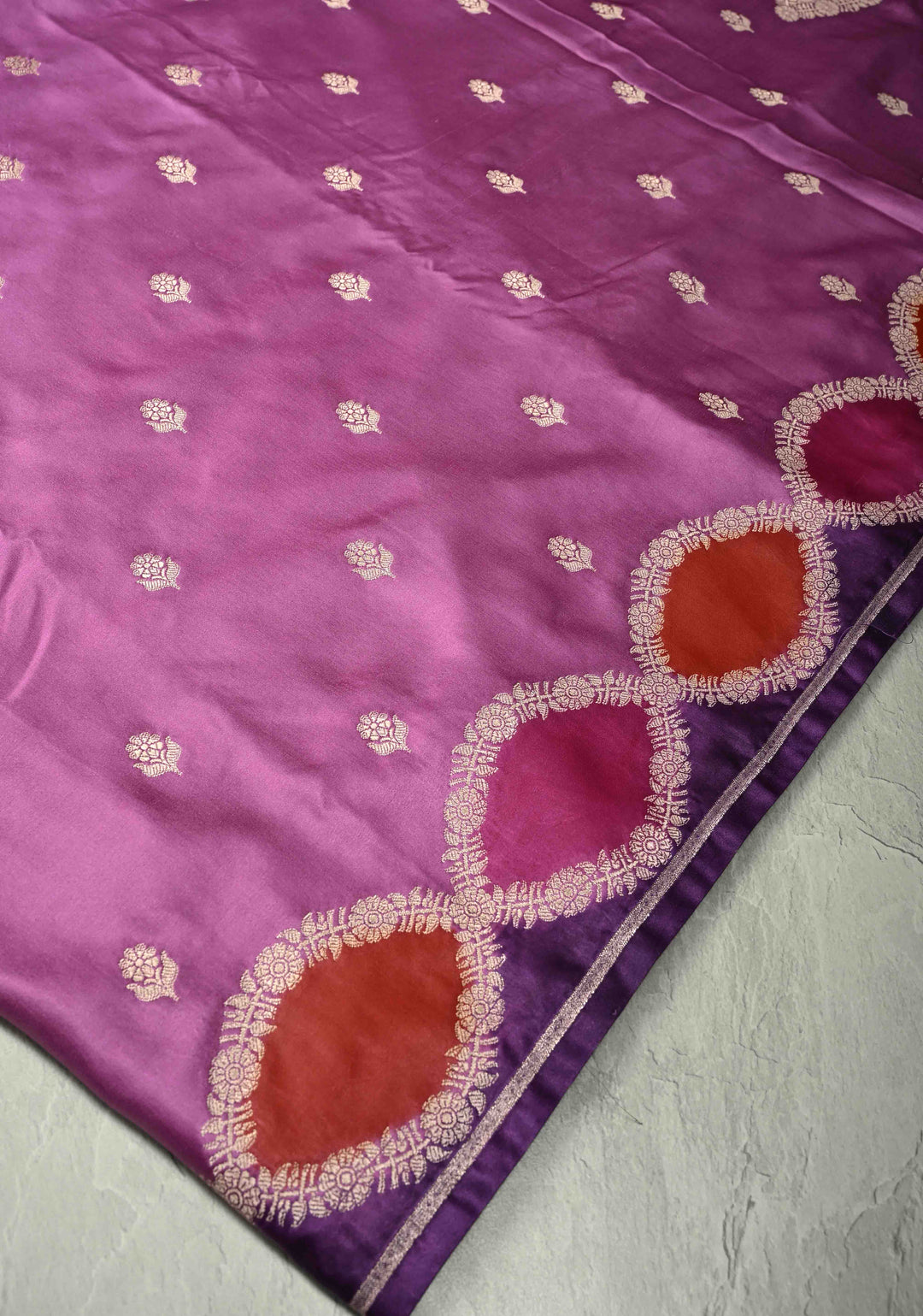 Mauve Rangkaat StyleBorder Banarasi Semi Mashru Silk Saree with Floral Zari Butta and Brush Dye Meenakari Scallop Border