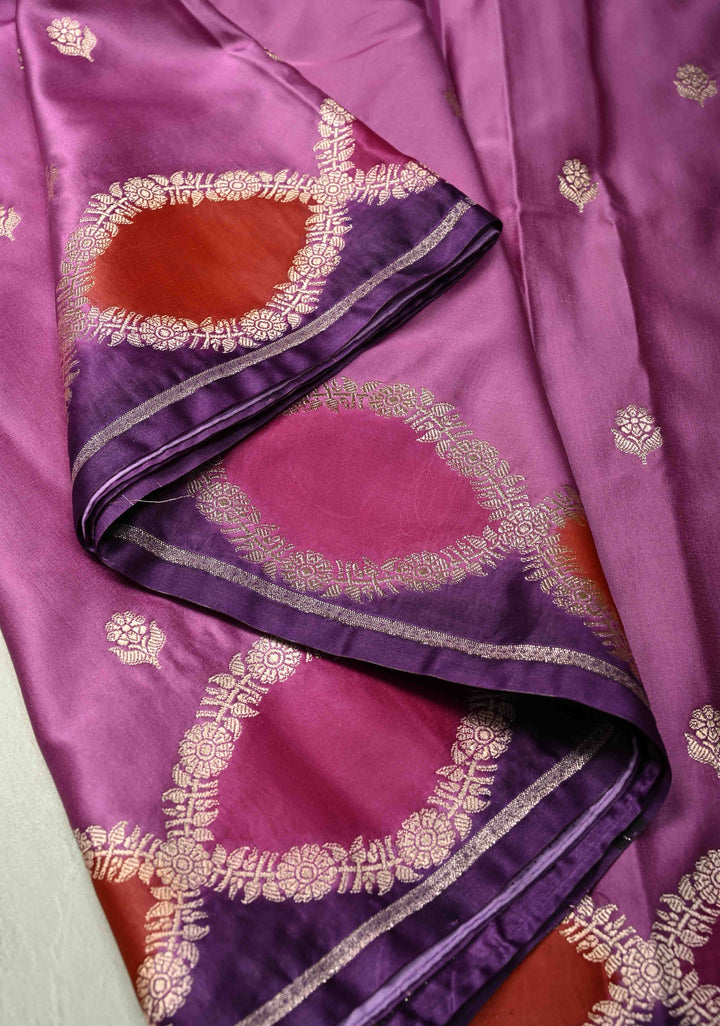 Mauve Rangkaat StyleBorder Banarasi Semi Mashru Silk Saree with Floral Zari Butta and Brush Dye Meenakari Scallop Border