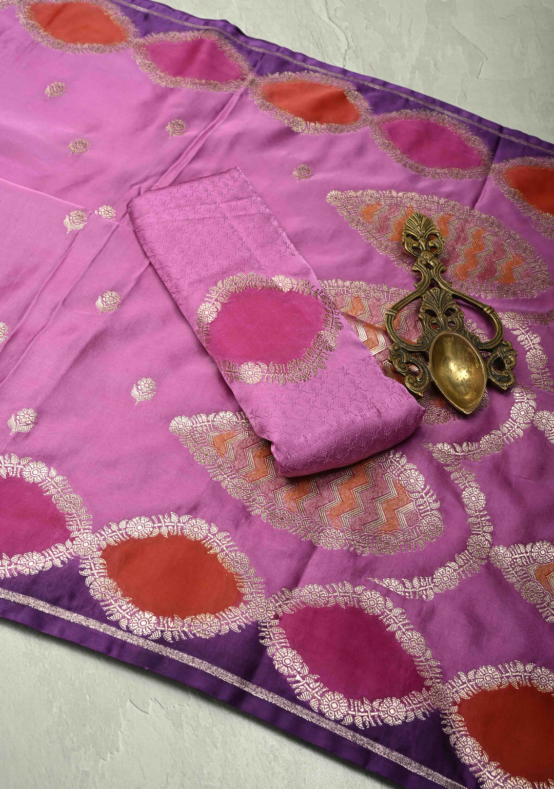 Mauve Rangkaat StyleBorder Banarasi Semi Mashru Silk Saree with Floral Zari Butta and Brush Dye Meenakari Scallop Border