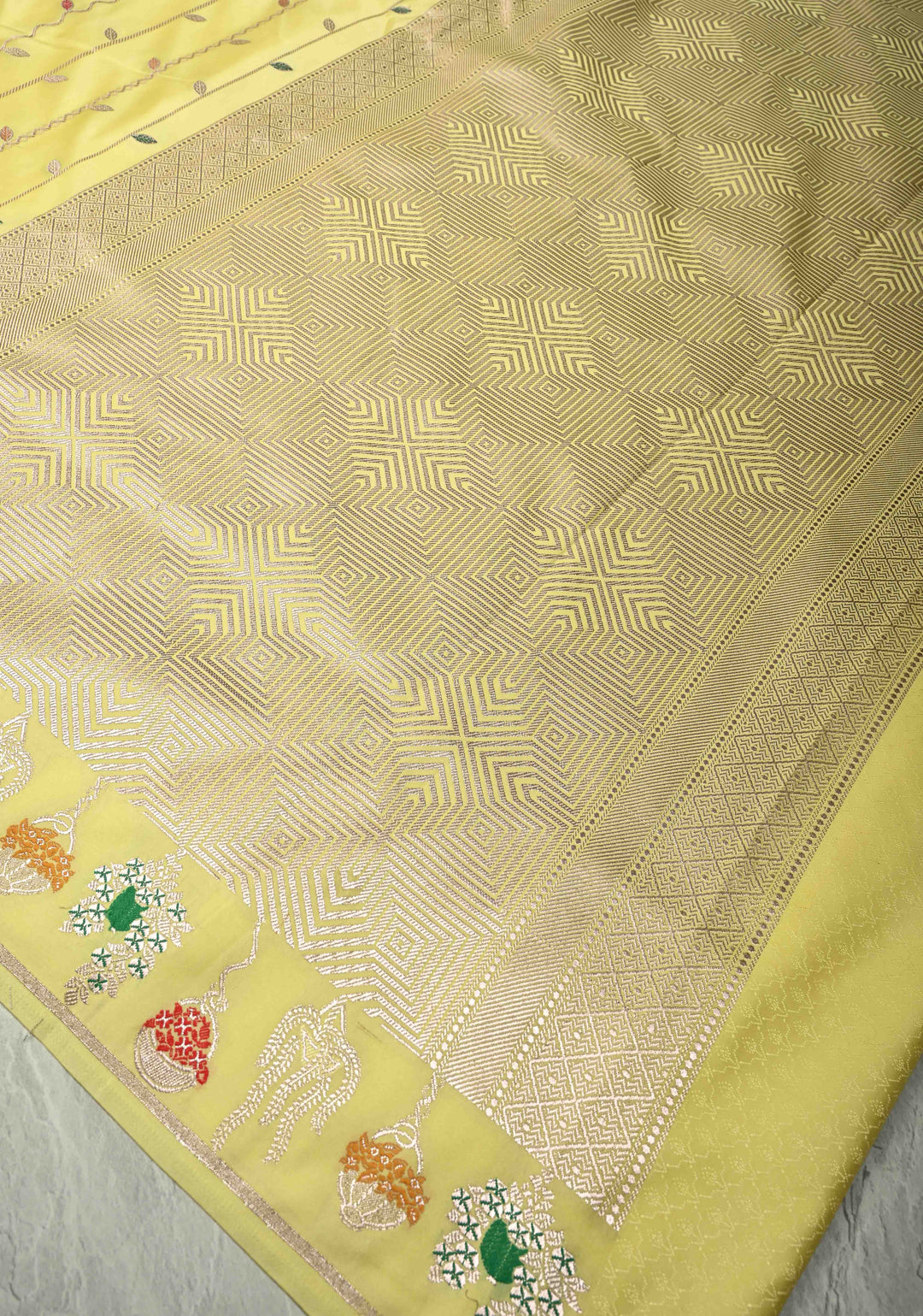 Custard Yellow Banarasi Semi Mashru Silk Saree with Meenakari Vertical Ornate Zari Stripes