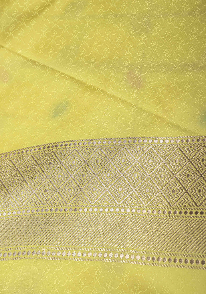 Custard Yellow Banarasi Semi Mashru Silk Saree with Meenakari Vertical Ornate Zari Stripes
