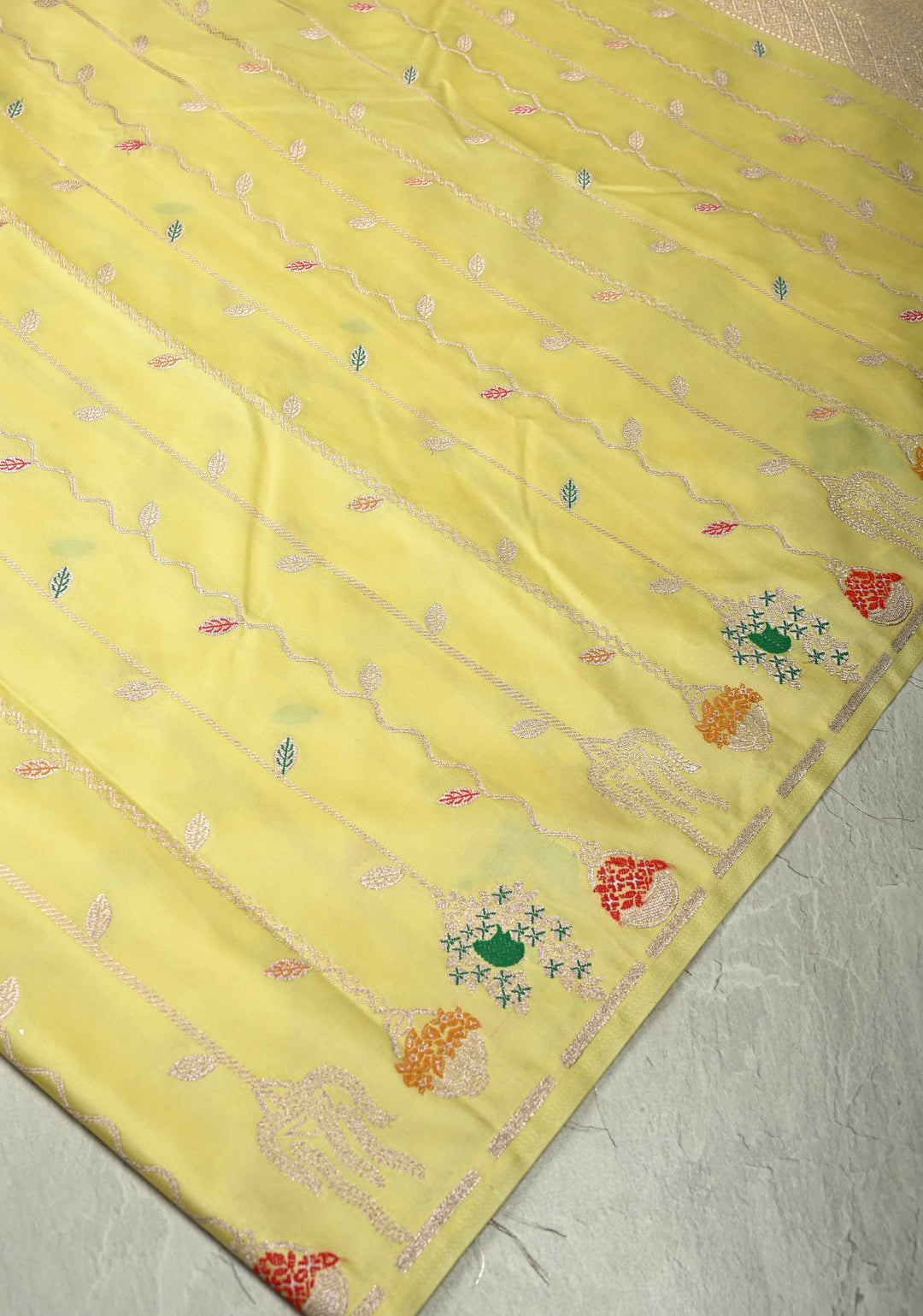 Custard Yellow Banarasi Semi Mashru Silk Saree with Meenakari Vertical Ornate Zari Stripes