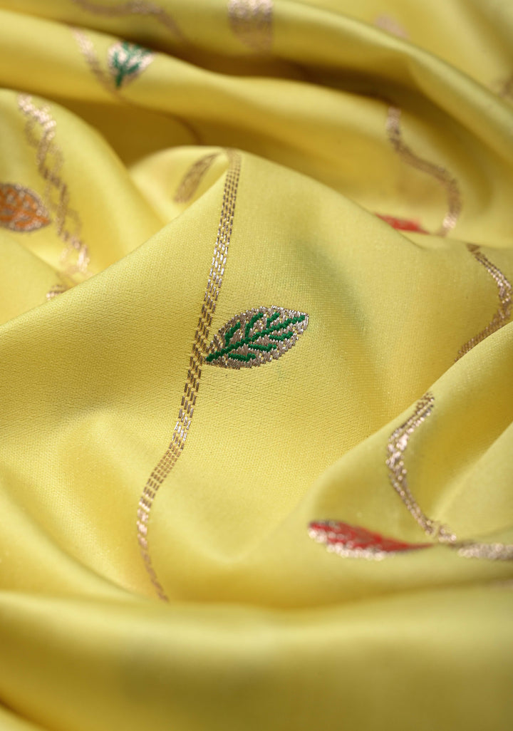 Custard Yellow Banarasi Semi Mashru Silk Saree with Meenakari Vertical Ornate Zari Stripes