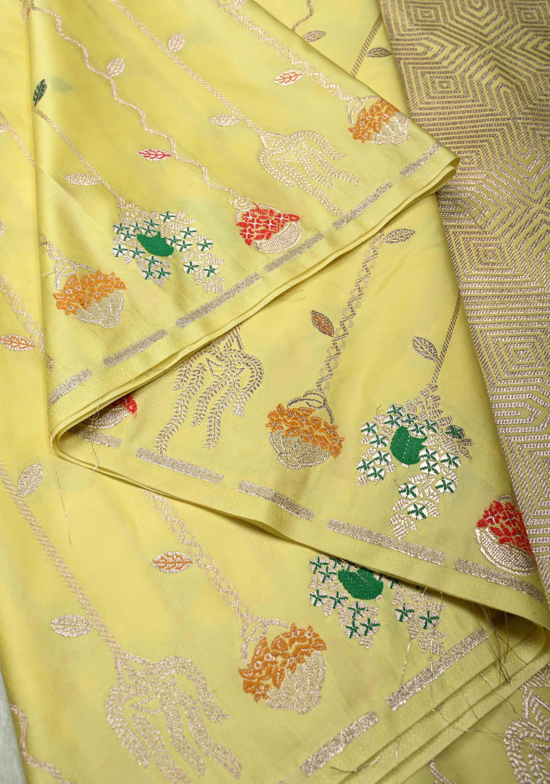 Custard Yellow Banarasi Semi Mashru Silk Saree with Meenakari Vertical Ornate Zari Stripes
