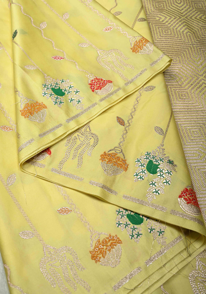 Custard Yellow Banarasi Semi Mashru Silk Saree with Meenakari Vertical Ornate Zari Stripes