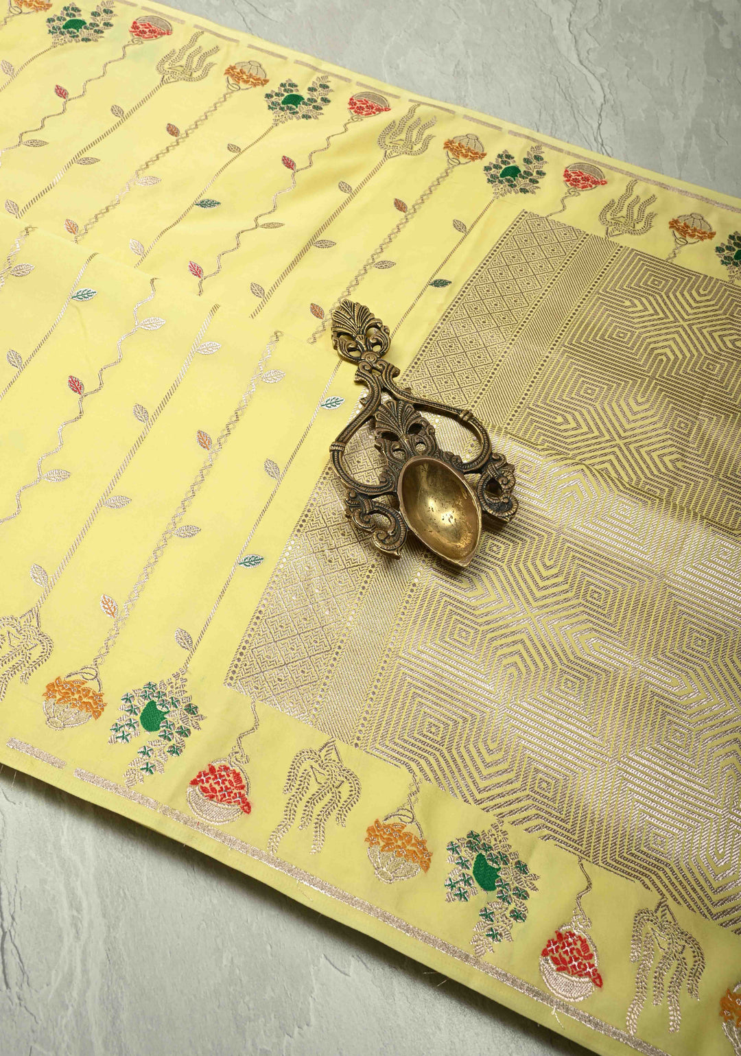 Custard Yellow Banarasi Semi Mashru Silk Saree with Meenakari Vertical Ornate Zari Stripes