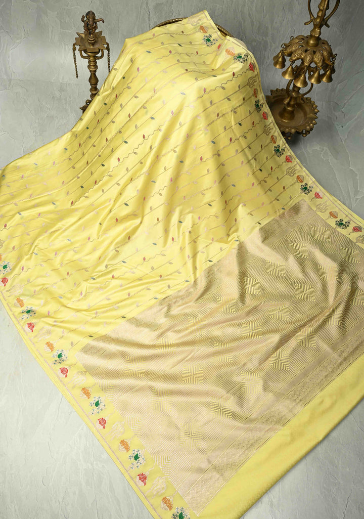 Custard Yellow Banarasi Semi Mashru Silk Saree with Meenakari Vertical Ornate Zari Stripes