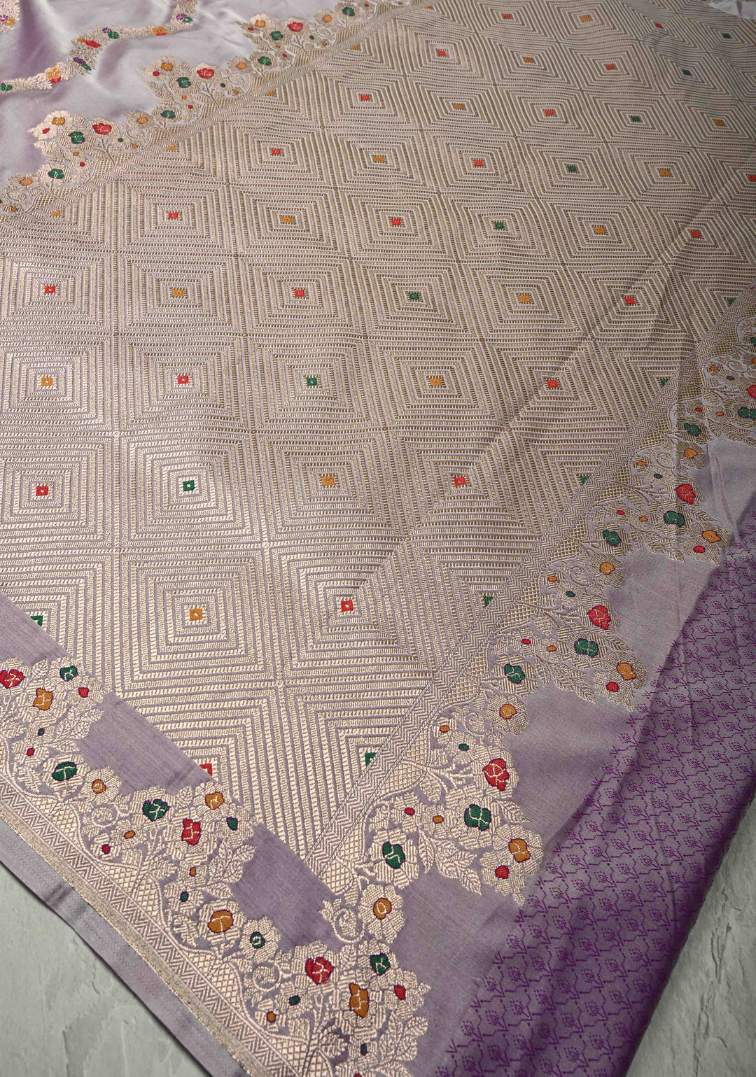 Mauve Meenakari Detailing on Banarasi Semi Mashru Silk Saree with Vertical Ornate Zari Stripes