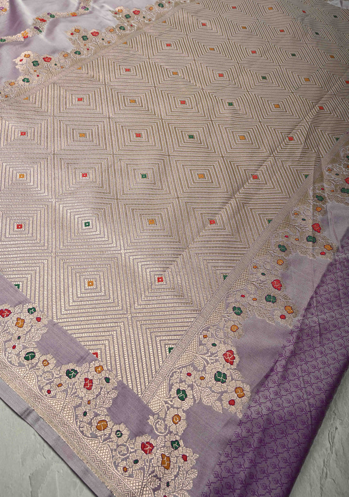 Mauve Meenakari Detailing on Banarasi Semi Mashru Silk Saree with Vertical Ornate Zari Stripes