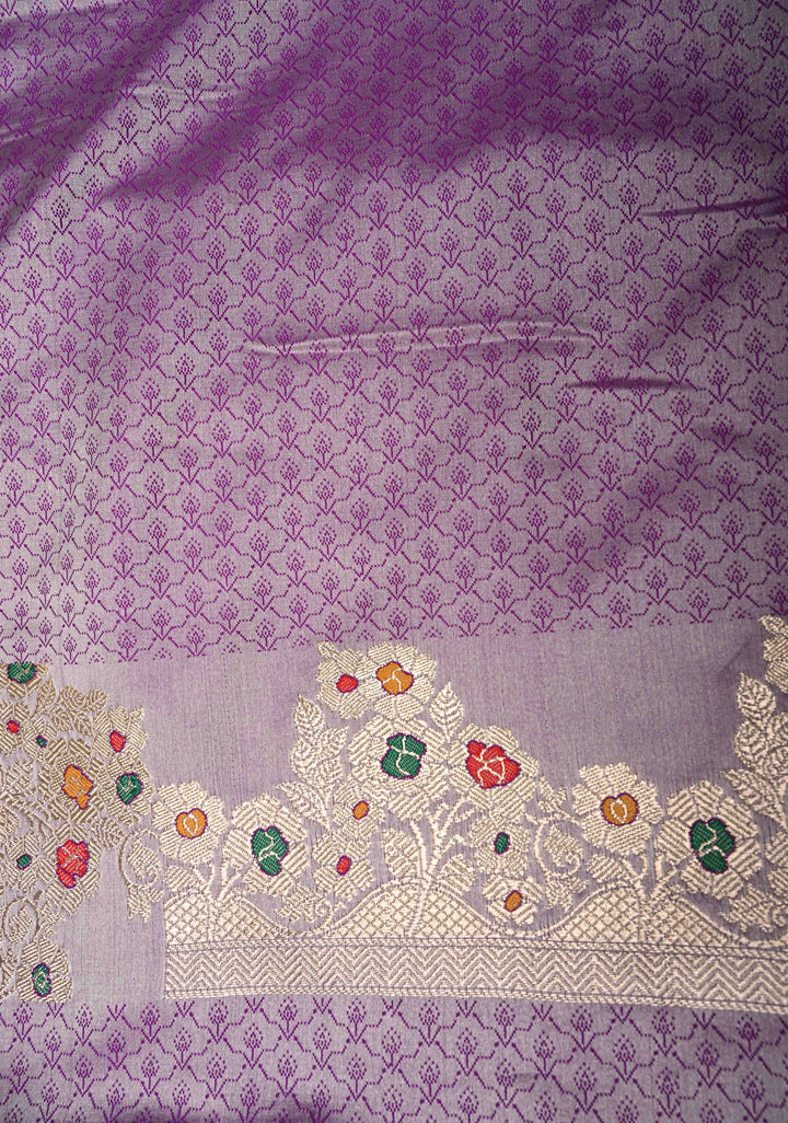 Mauve Meenakari Detailing on Banarasi Semi Mashru Silk Saree with Vertical Ornate Zari Stripes