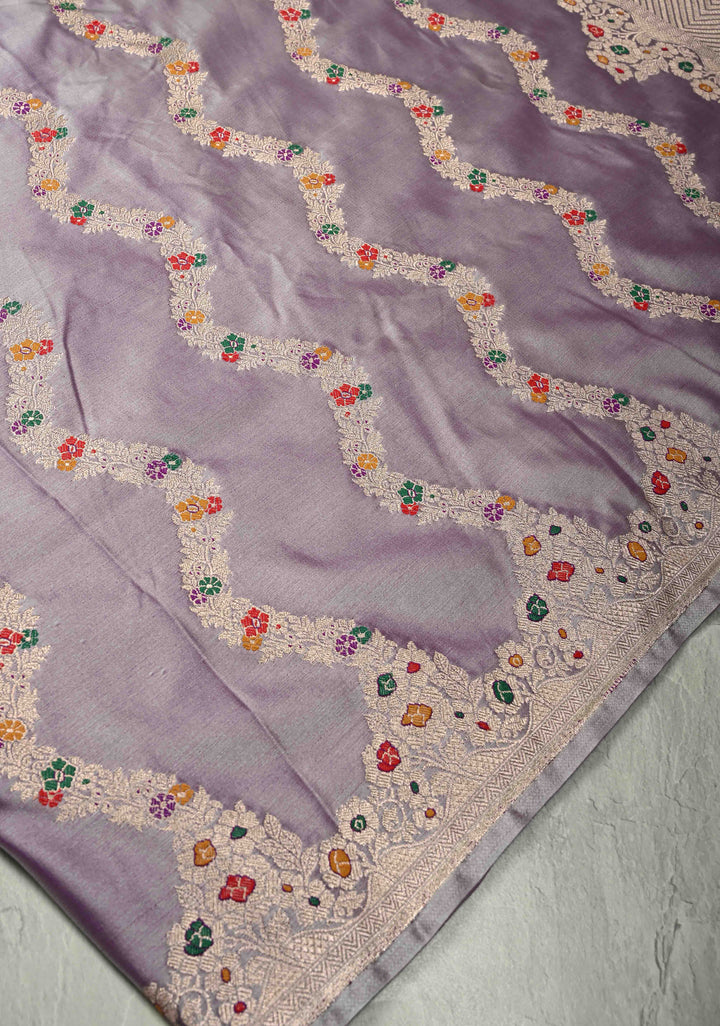 Mauve Meenakari Detailing on Banarasi Semi Mashru Silk Saree with Vertical Ornate Zari Stripes