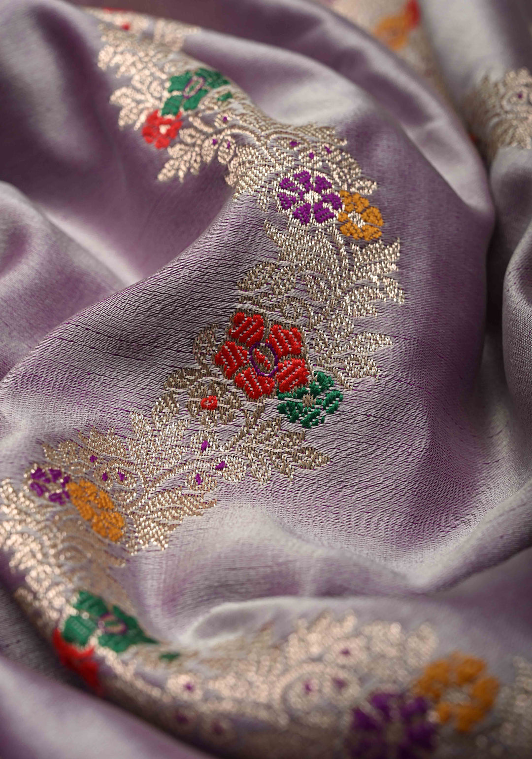 Mauve Meenakari Detailing on Banarasi Semi Mashru Silk Saree with Vertical Ornate Zari Stripes