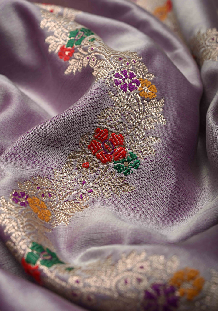 Mauve Meenakari Detailing on Banarasi Semi Mashru Silk Saree with Vertical Ornate Zari Stripes