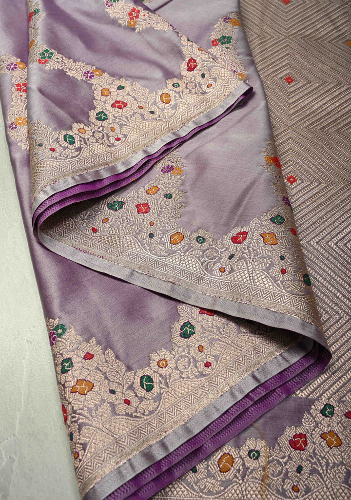 Mauve Meenakari Detailing on Banarasi Semi Mashru Silk Saree with Vertical Ornate Zari Stripes