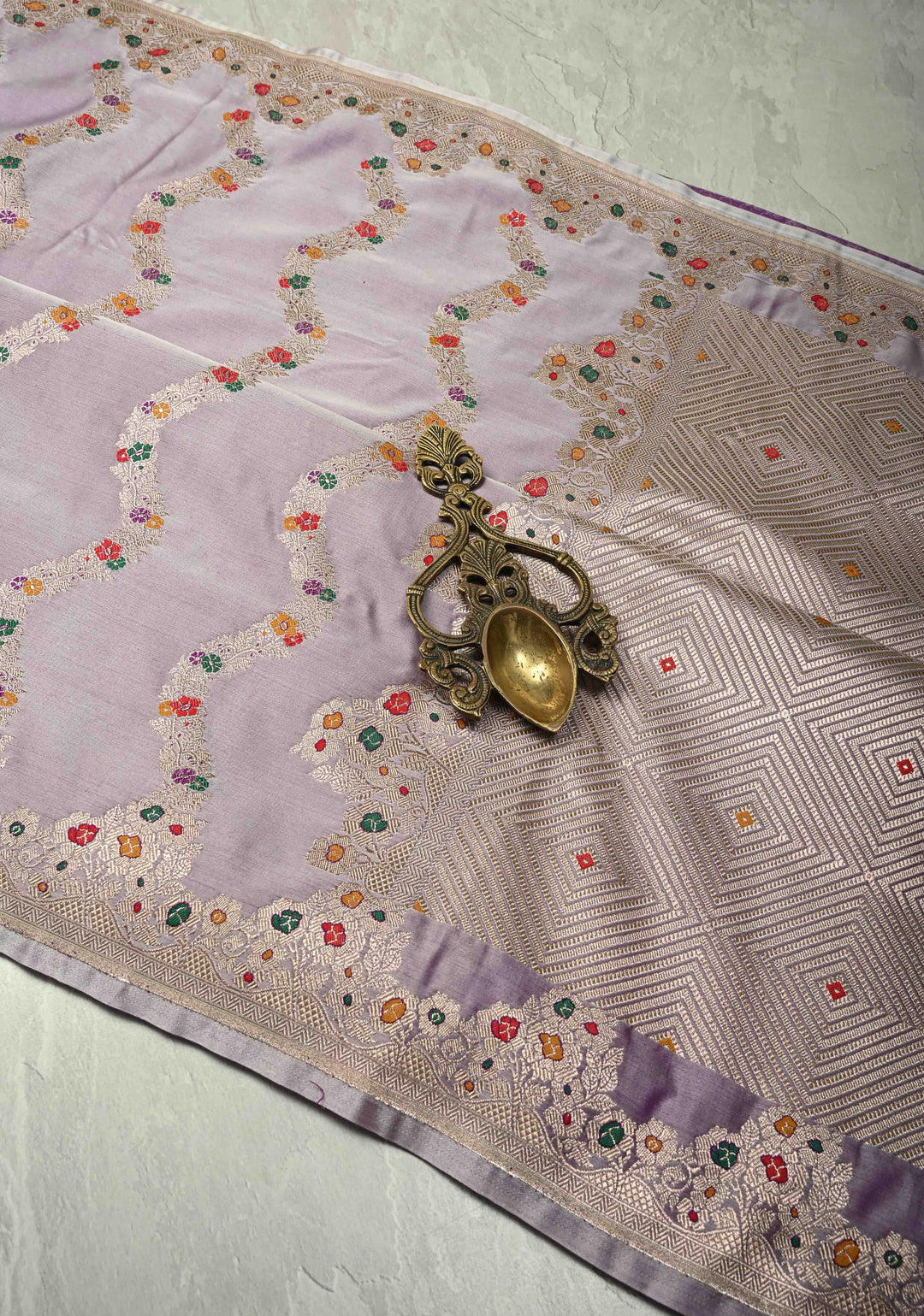 Mauve Meenakari Detailing on Banarasi Semi Mashru Silk Saree with Vertical Ornate Zari Stripes