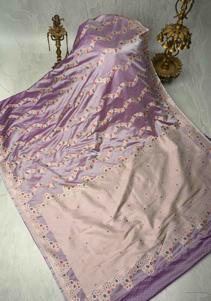 Mauve Meenakari Detailing on Banarasi Semi Mashru Silk Saree with Vertical Ornate Zari Stripes