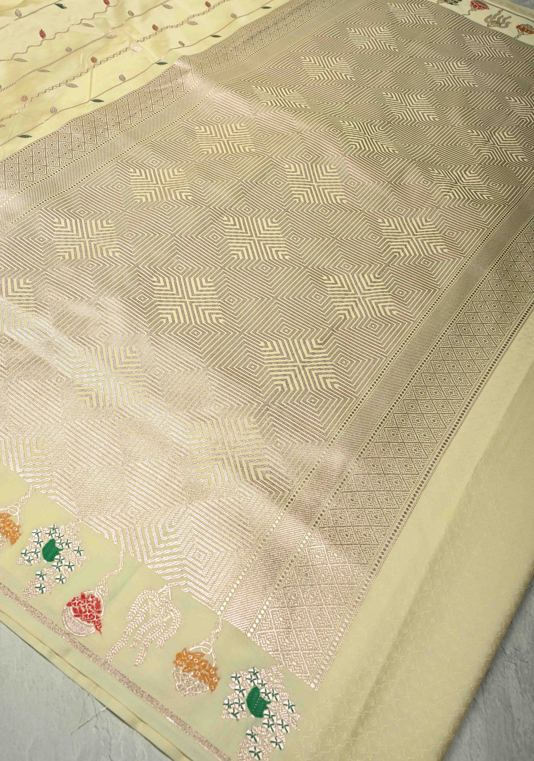 Pastel Yellow Banarasi Semi Mashru Silk Saree with Meenakari Vertical Ornate Zari Stripes
