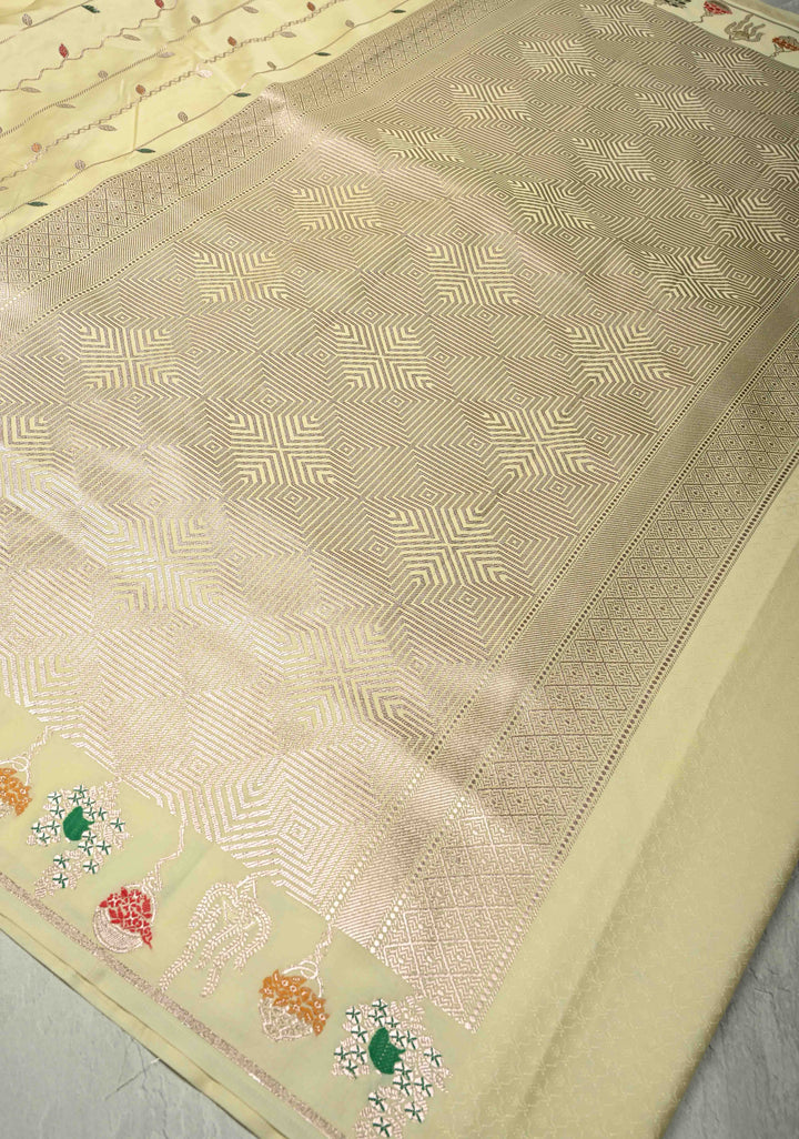 Pastel Yellow Banarasi Semi Mashru Silk Saree with Meenakari Vertical Ornate Zari Stripes