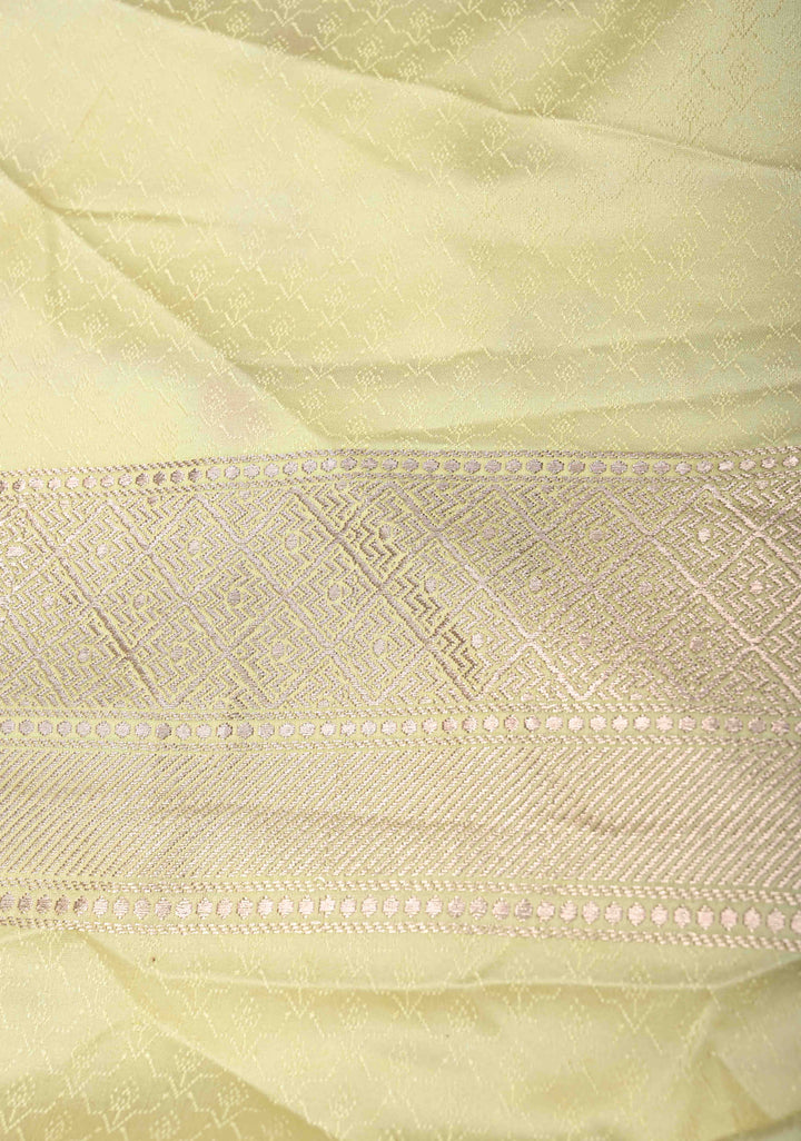 Pastel Yellow Banarasi Semi Mashru Silk Saree with Meenakari Vertical Ornate Zari Stripes