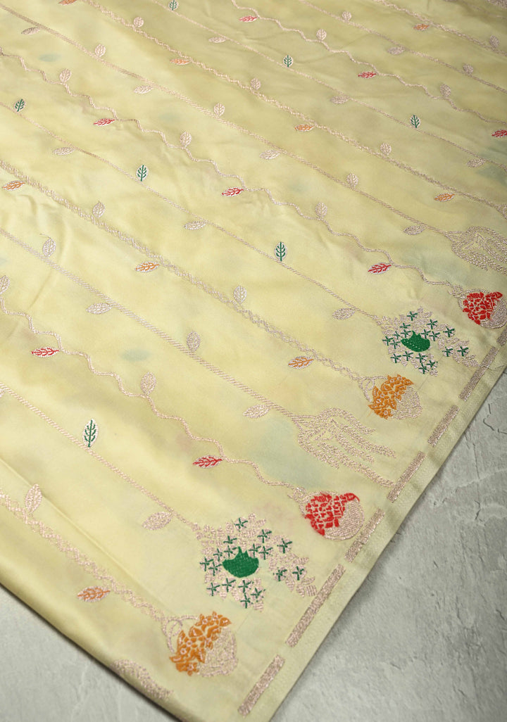 Pastel Yellow Banarasi Semi Mashru Silk Saree with Meenakari Vertical Ornate Zari Stripes