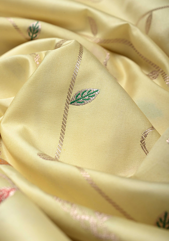 Pastel Yellow Banarasi Semi Mashru Silk Saree with Meenakari Vertical Ornate Zari Stripes