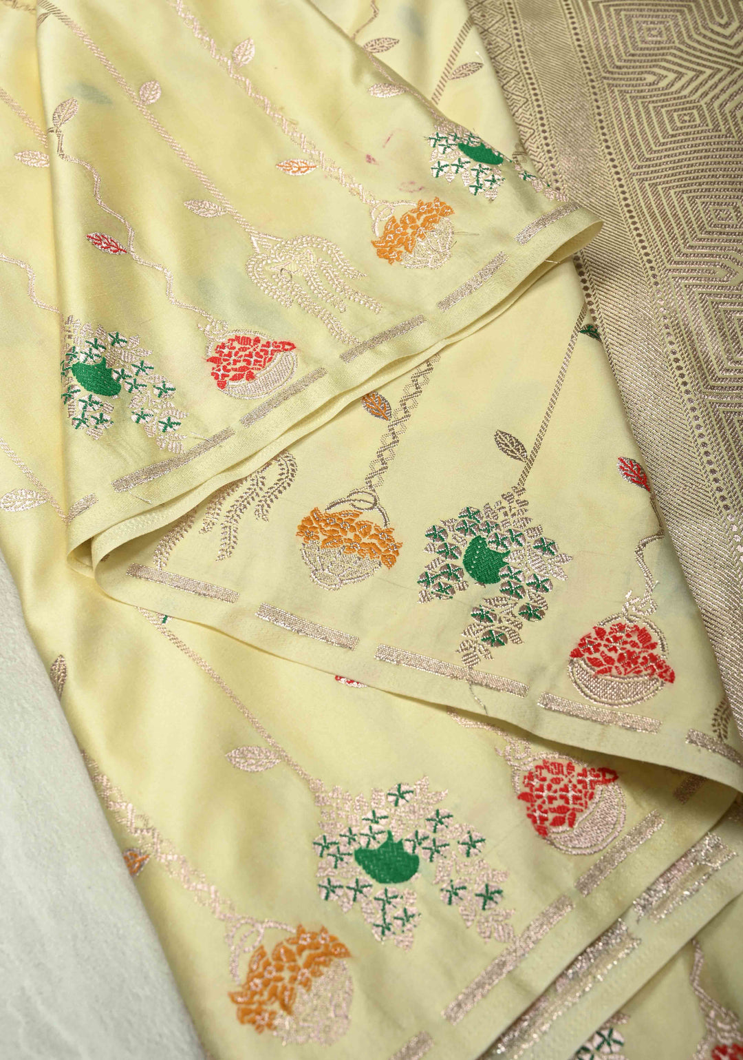 Pastel Yellow Banarasi Semi Mashru Silk Saree with Meenakari Vertical Ornate Zari Stripes