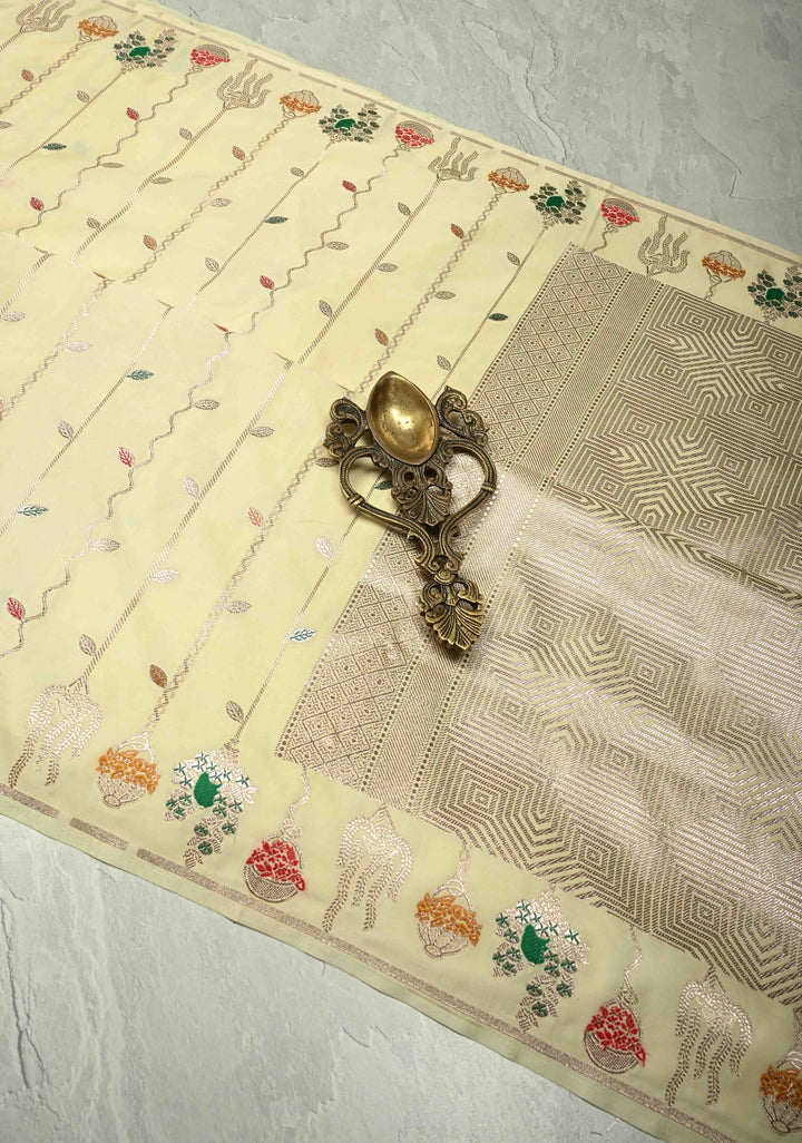 Pastel Yellow Banarasi Semi Mashru Silk Saree with Meenakari Vertical Ornate Zari Stripes