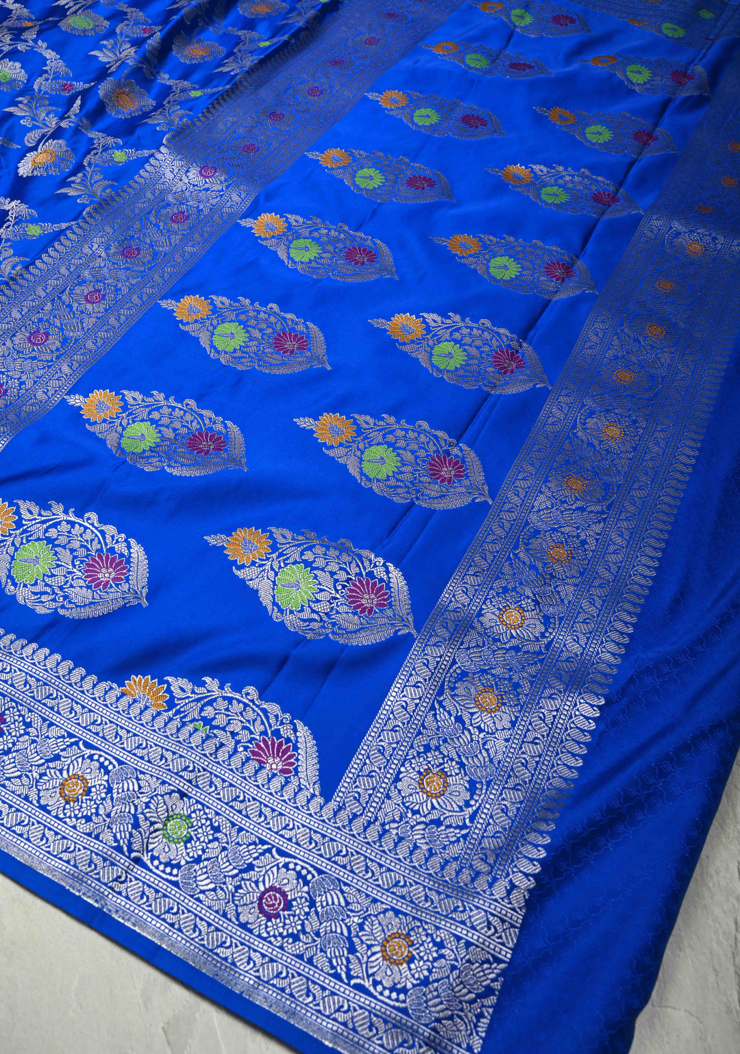 Ink Blue Meenakari Detailing on Banarasi Semi Mashru Silk Saree with Floral Jaal and Zari Border