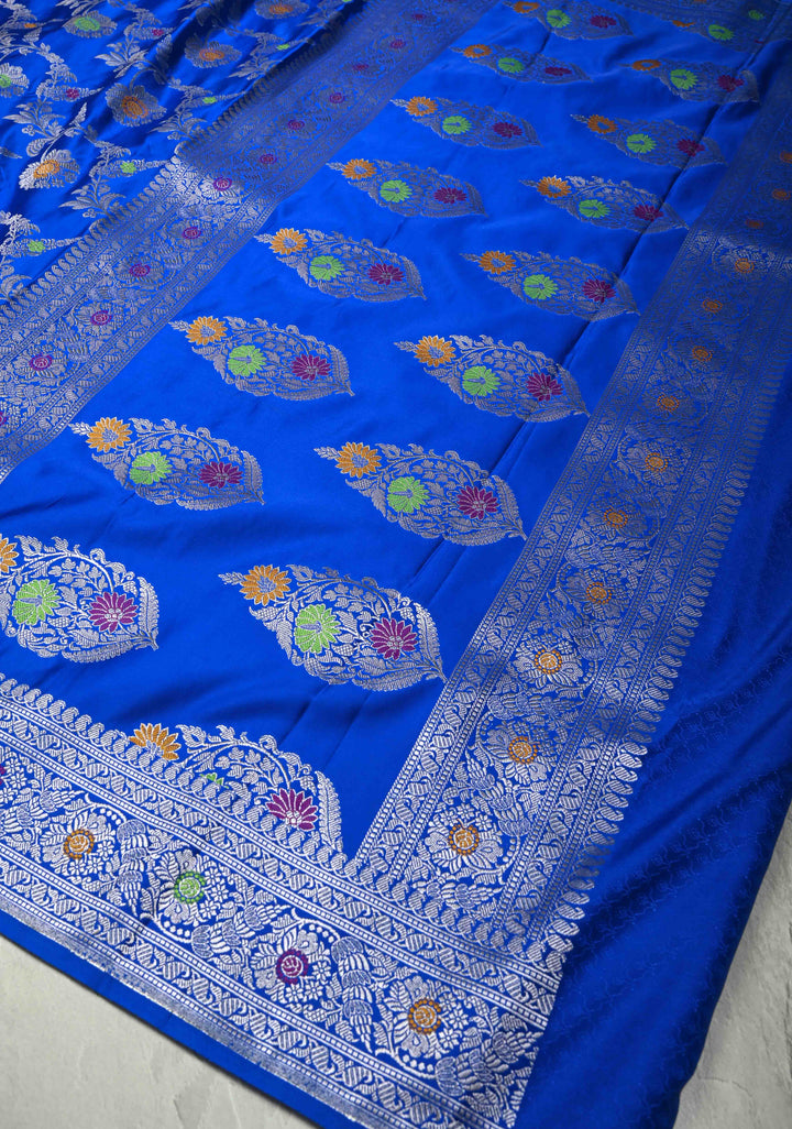 Ink Blue Meenakari Detailing on Banarasi Semi Mashru Silk Saree with Floral Jaal and Zari Border
