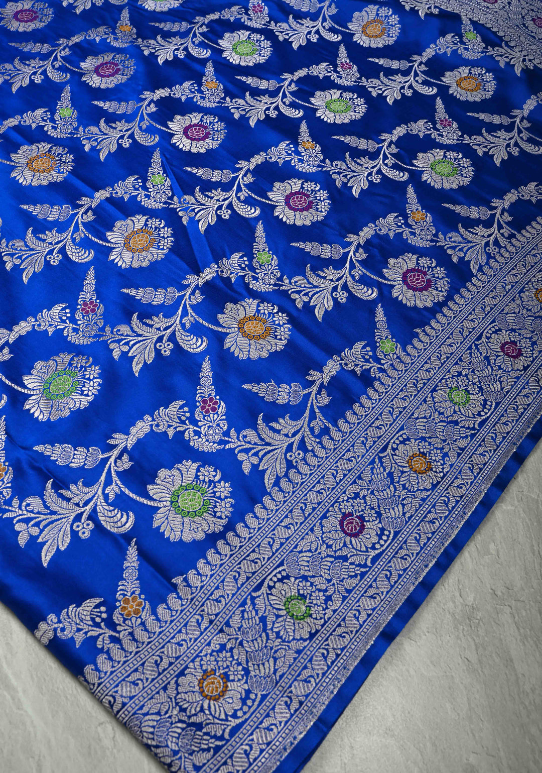 Ink Blue Meenakari Detailing on Banarasi Semi Mashru Silk Saree with Floral Jaal and Zari Border