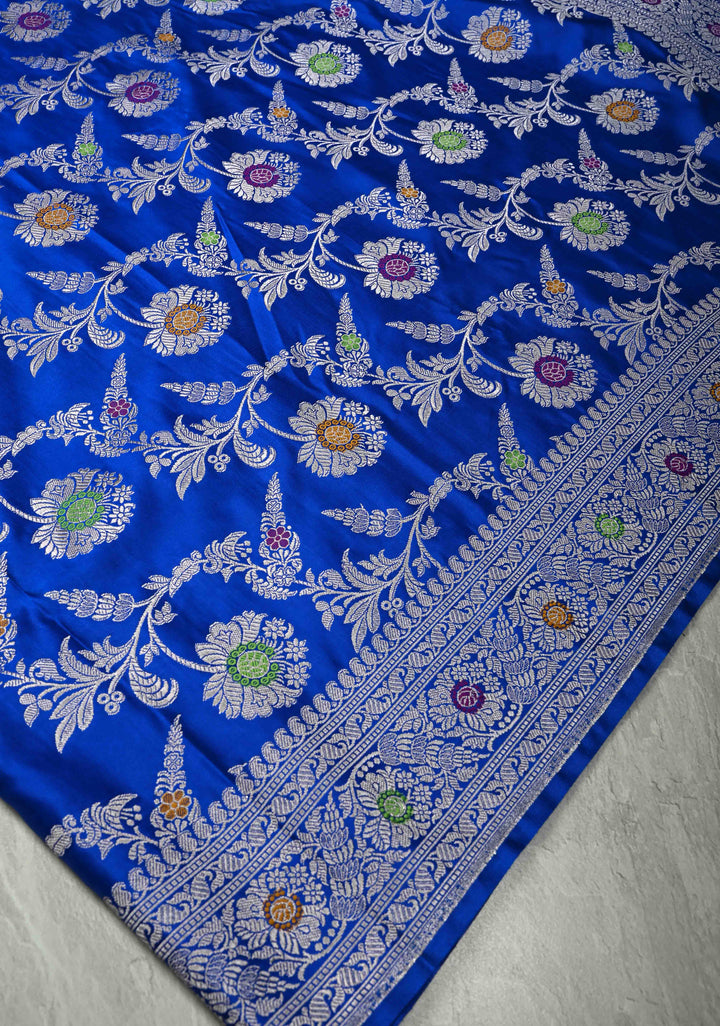 Ink Blue Meenakari Detailing on Banarasi Semi Mashru Silk Saree with Floral Jaal and Zari Border