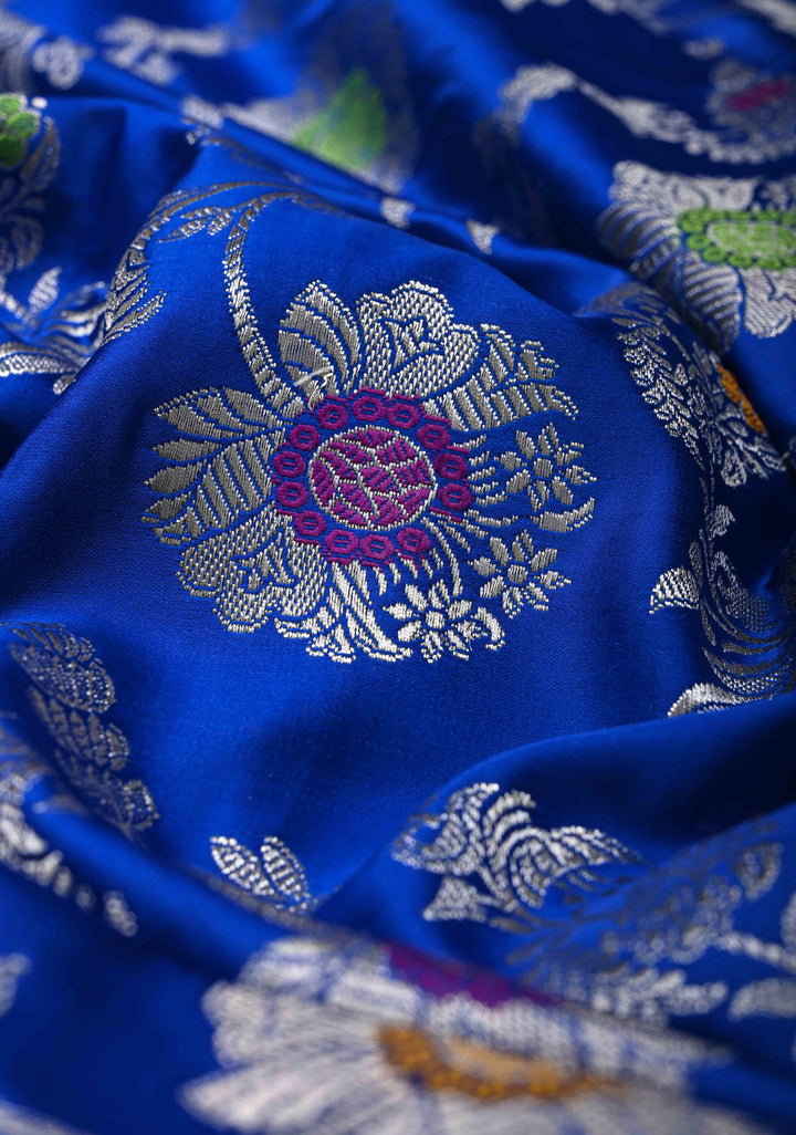 Ink Blue Meenakari Detailing on Banarasi Semi Mashru Silk Saree with Floral Jaal and Zari Border