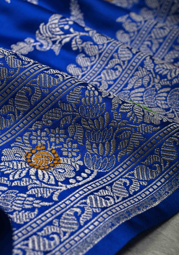 Ink Blue Meenakari Detailing on Banarasi Semi Mashru Silk Saree with Floral Jaal and Zari Border