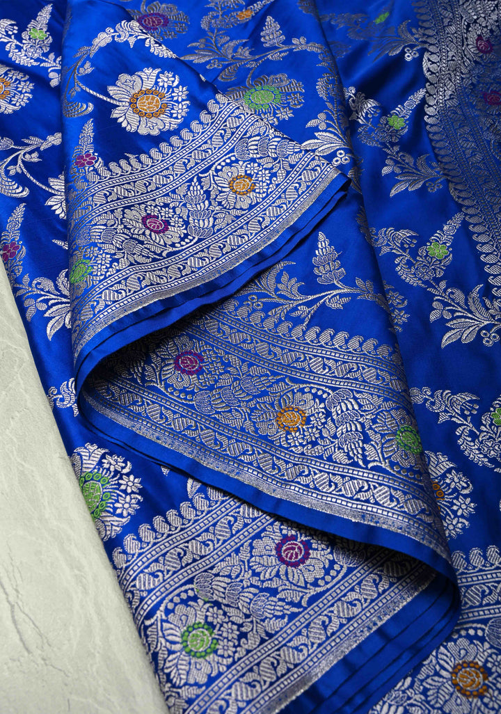Ink Blue Meenakari Detailing on Banarasi Semi Mashru Silk Saree with Floral Jaal and Zari Border