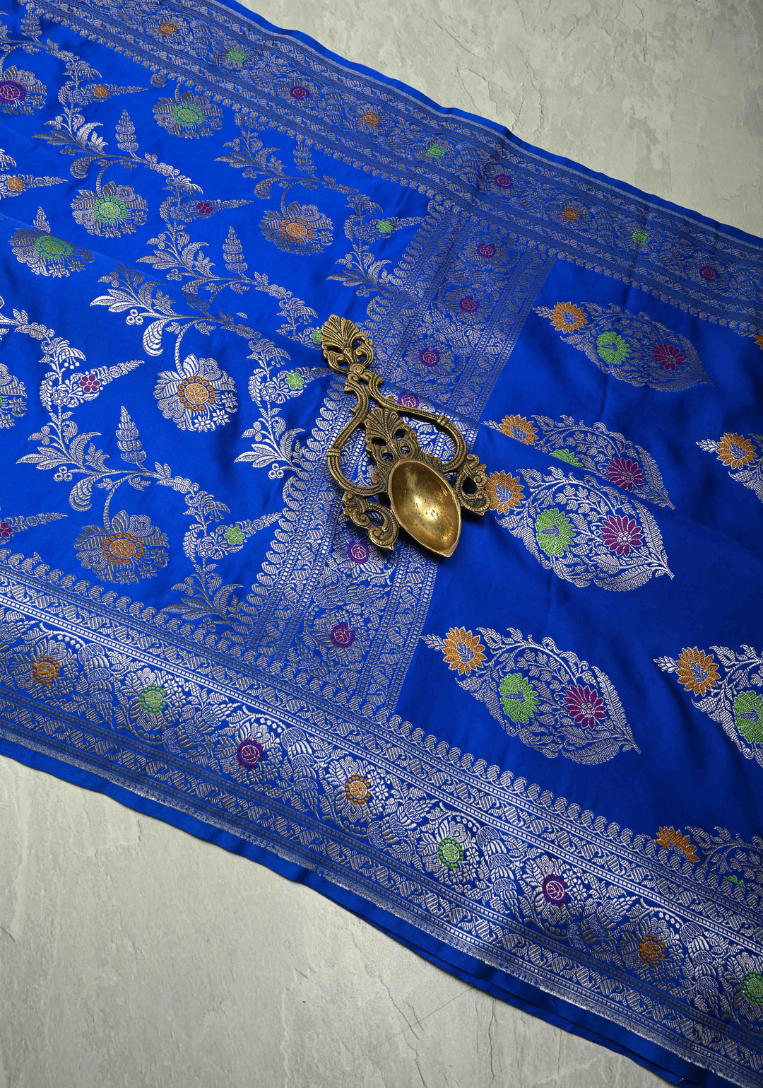 Ink Blue Meenakari Detailing on Banarasi Semi Mashru Silk Saree with Floral Jaal and Zari Border
