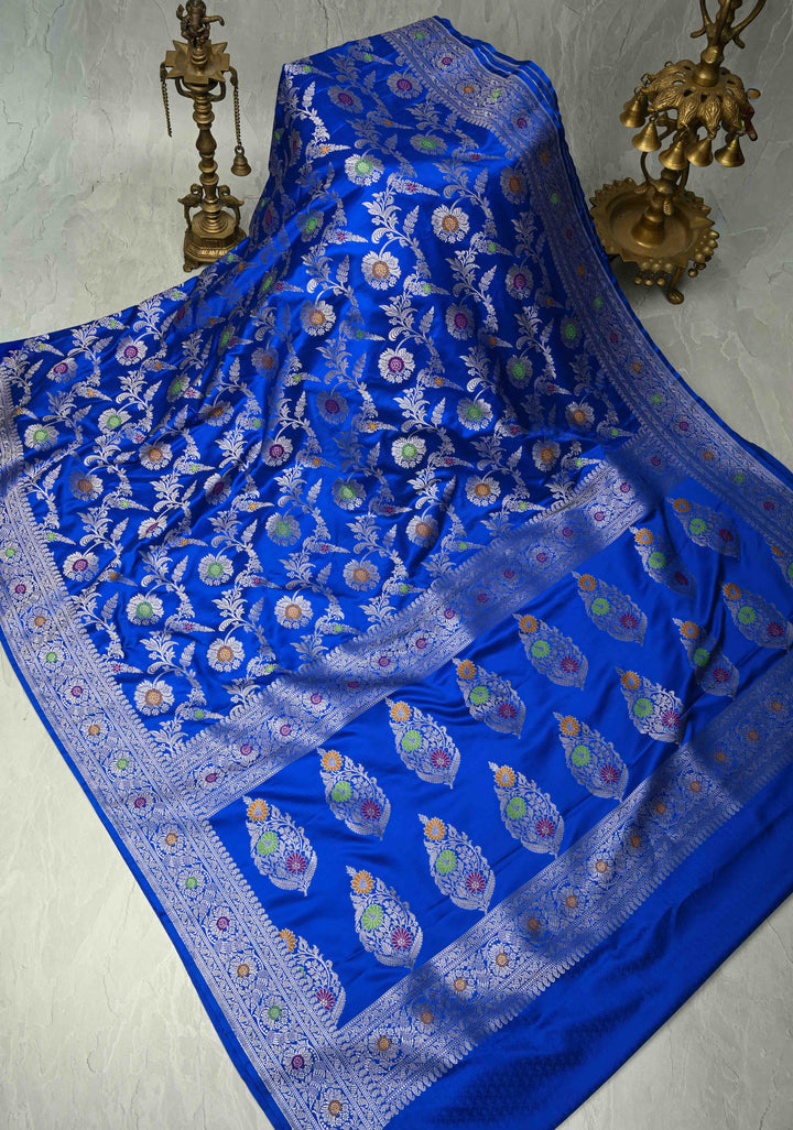 Ink Blue Meenakari Detailing on Banarasi Semi Mashru Silk Saree with Floral Jaal and Zari Border