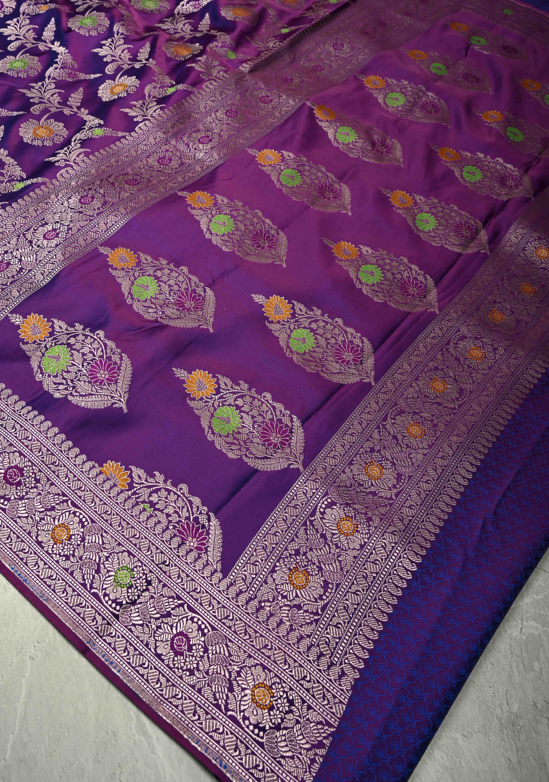 Eggplant Purple Meenakari Detailing on Banarasi Semi Mashru Silk Saree with Floral Jaal and Zari Border
