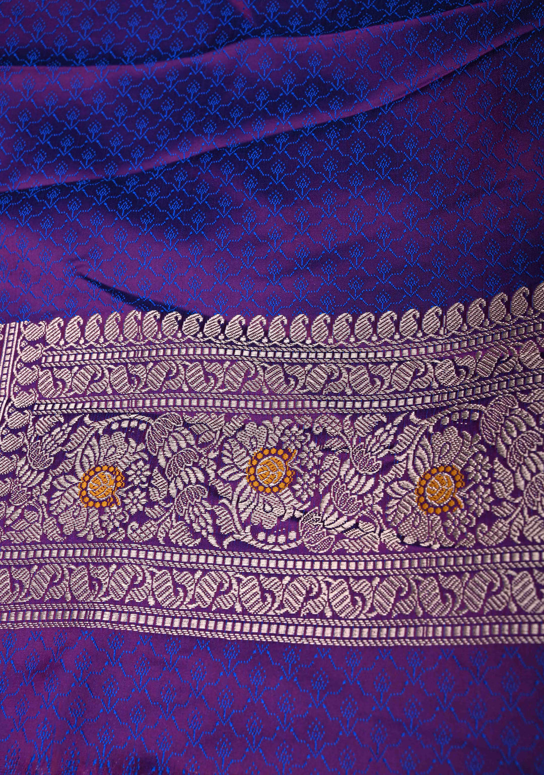 Eggplant Purple Meenakari Detailing on Banarasi Semi Mashru Silk Saree with Floral Jaal and Zari Border