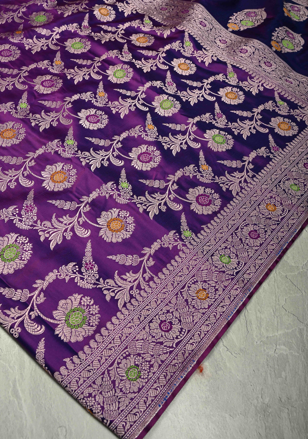 Eggplant Purple Meenakari Detailing on Banarasi Semi Mashru Silk Saree with Floral Jaal and Zari Border