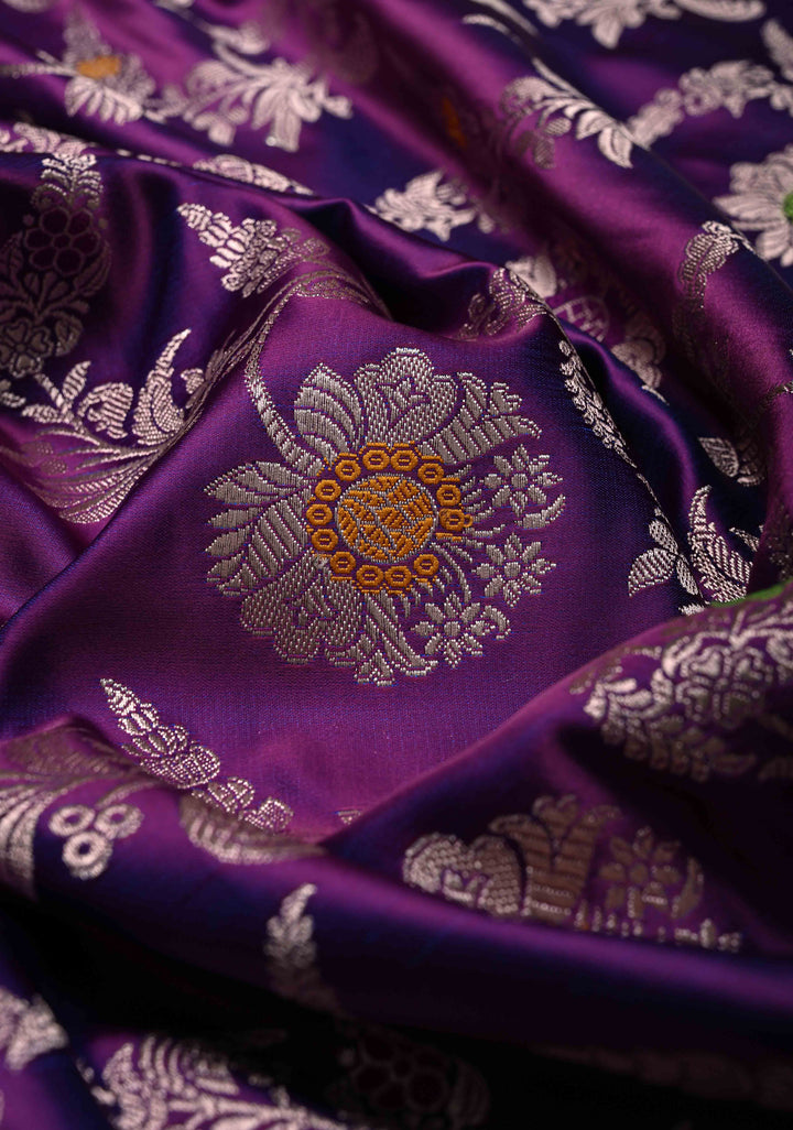 Eggplant Purple Meenakari Detailing on Banarasi Semi Mashru Silk Saree with Floral Jaal and Zari Border