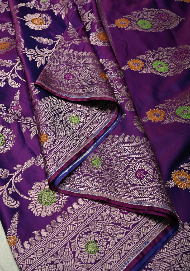 Eggplant Purple Meenakari Detailing on Banarasi Semi Mashru Silk Saree with Floral Jaal and Zari Border