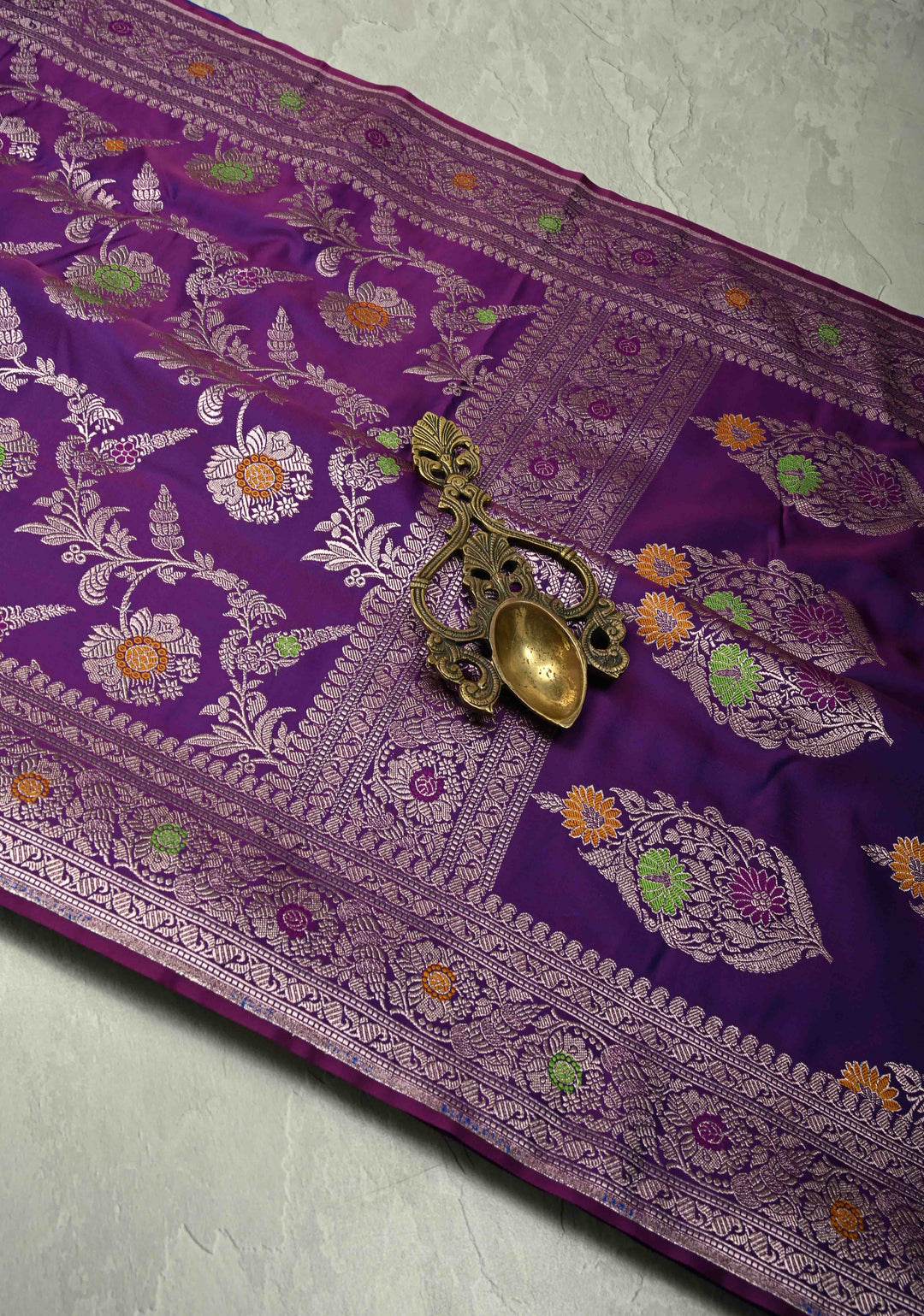 Eggplant Purple Meenakari Detailing on Banarasi Semi Mashru Silk Saree with Floral Jaal and Zari Border