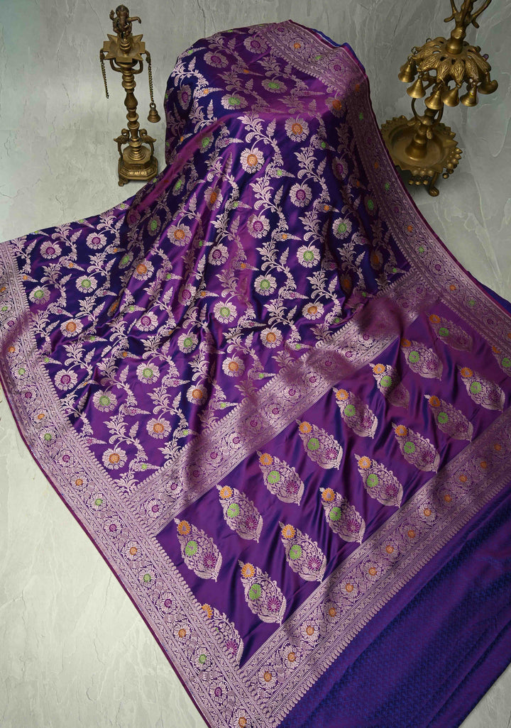 Eggplant Purple Meenakari Detailing on Banarasi Semi Mashru Silk Saree with Floral Jaal and Zari Border