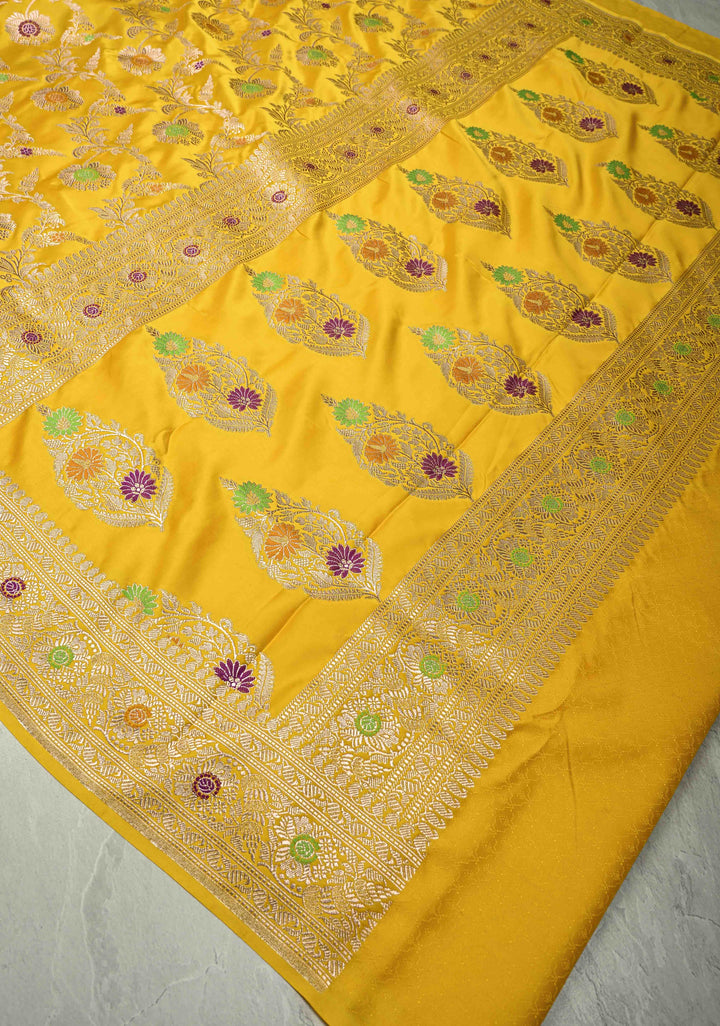 Sunflower Yellow Meenakari Detailing on Banarasi Semi Mashru Silk Saree with Floral Jaal and Zari Border