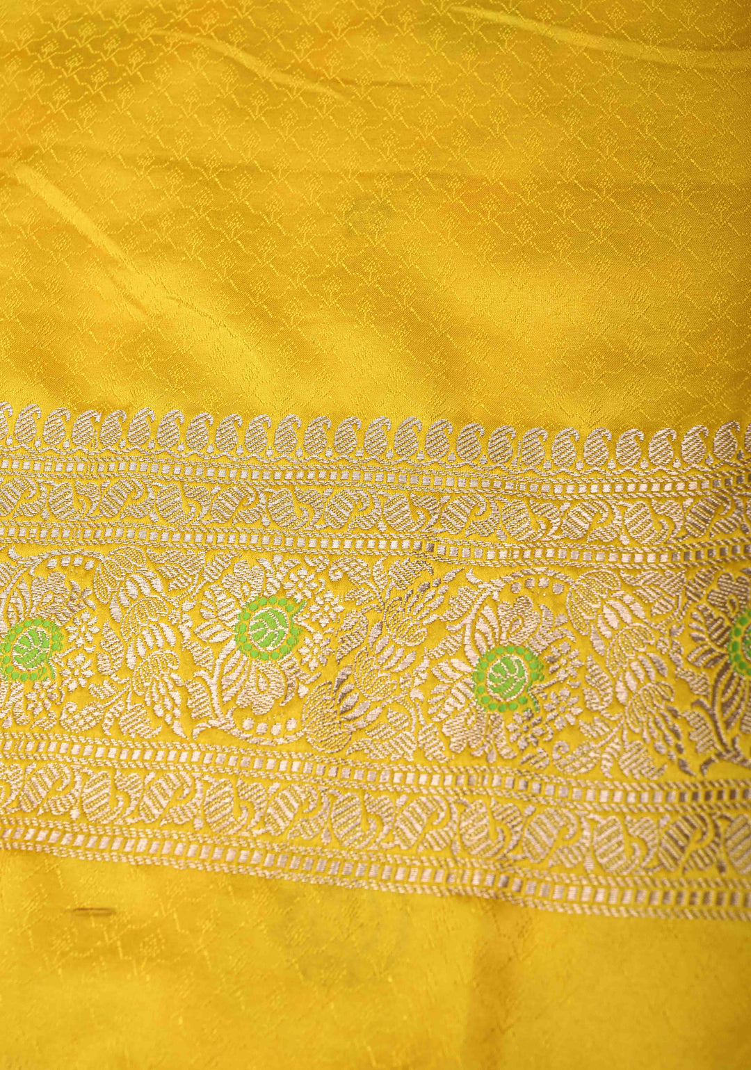 Sunflower Yellow Meenakari Detailing on Banarasi Semi Mashru Silk Saree with Floral Jaal and Zari Border