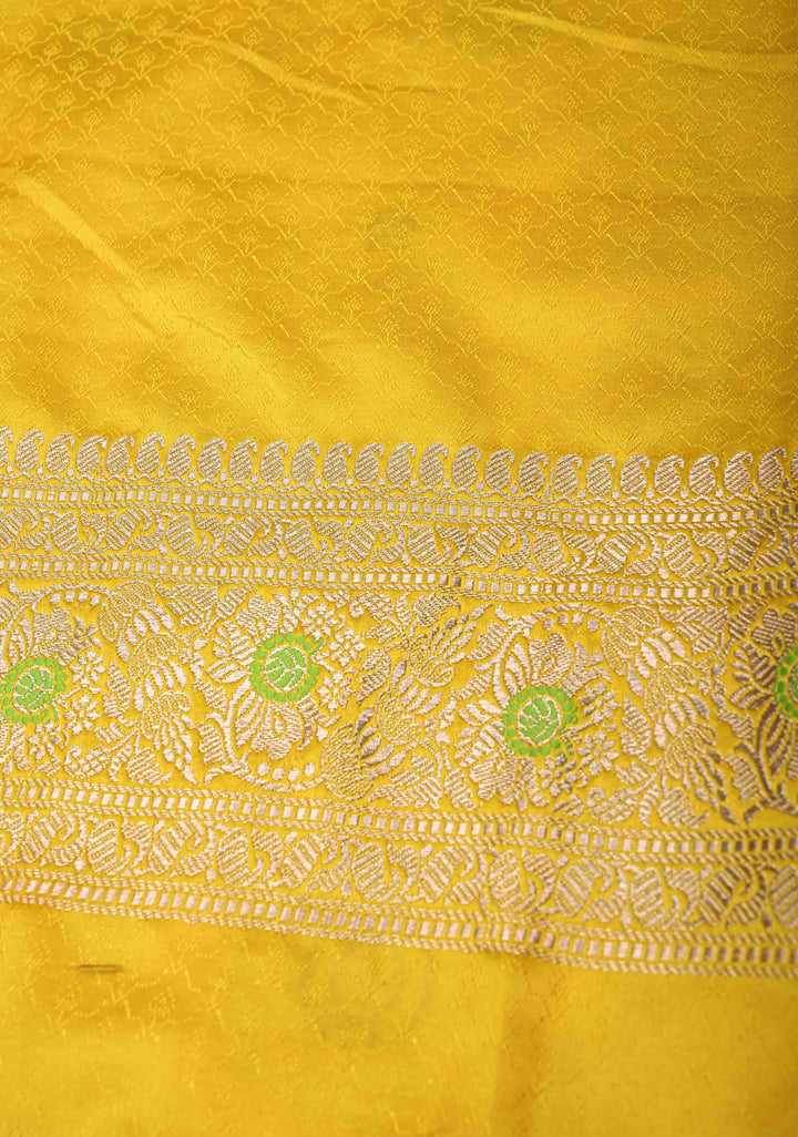 Sunflower Yellow Meenakari Detailing on Banarasi Semi Mashru Silk Saree with Floral Jaal and Zari Border