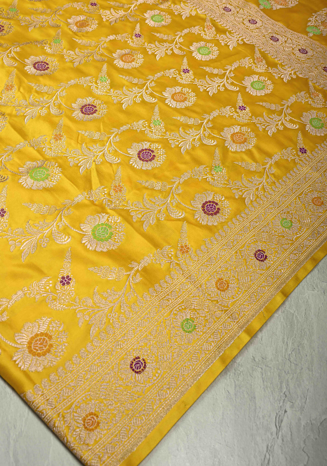 Sunflower Yellow Meenakari Detailing on Banarasi Semi Mashru Silk Saree with Floral Jaal and Zari Border