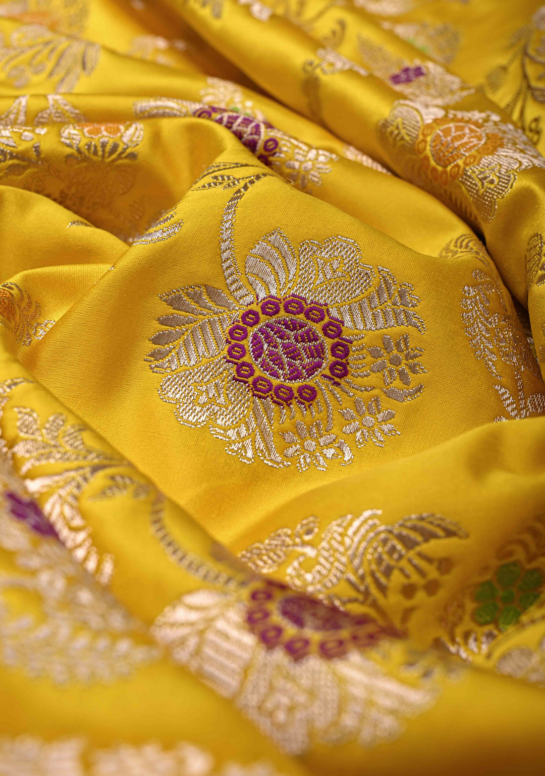 Sunflower Yellow Meenakari Detailing on Banarasi Semi Mashru Silk Saree with Floral Jaal and Zari Border
